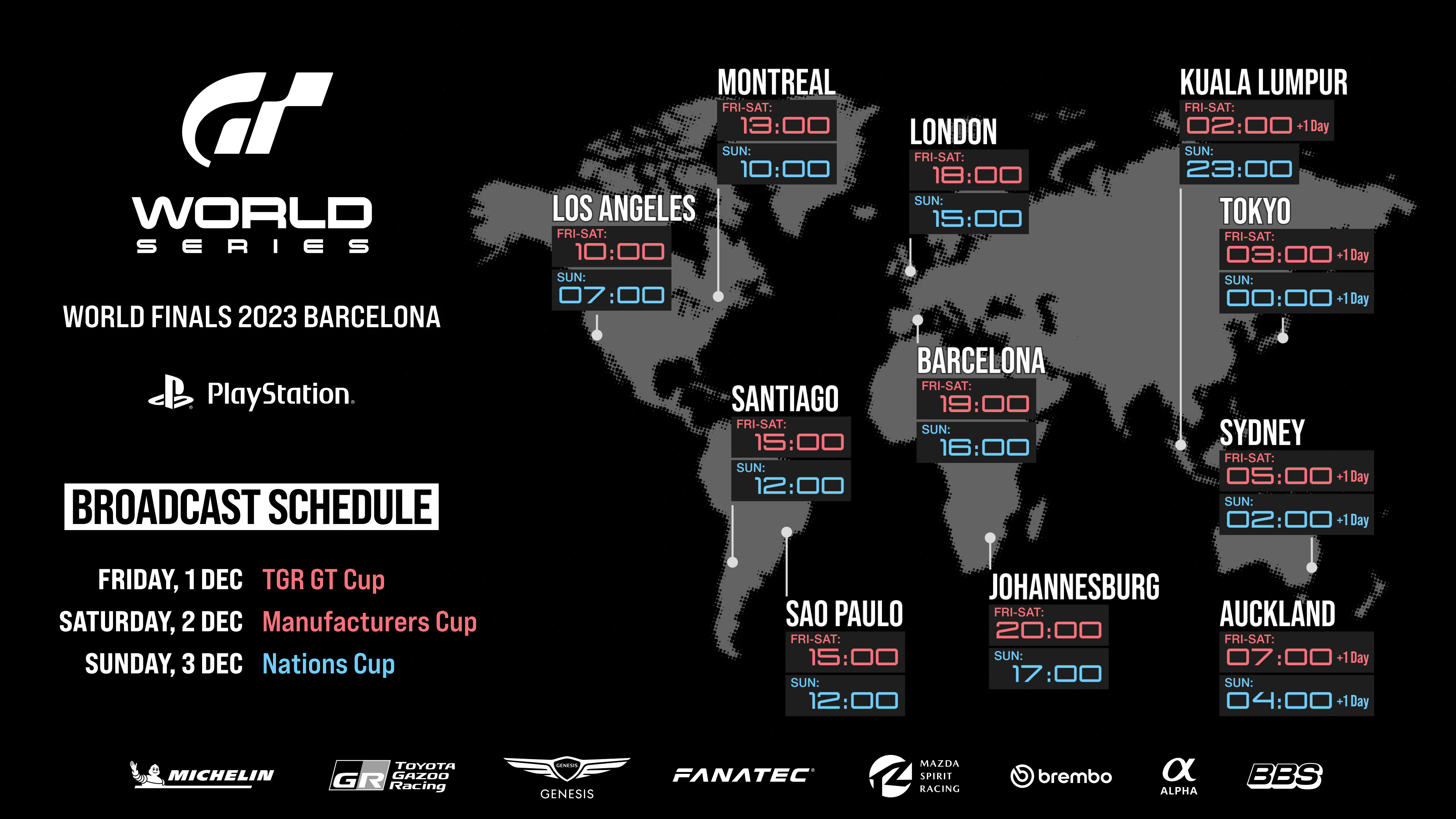 An image showing a world map, marking the local times for the GT World Series World Finals 2023 Barcelona broadcast schedule, running across Friday, 1 December for the Toyota Gazoo Racing GT Cup 2023 Grand Final, Saturday, 2 December for the Manufacturers Cup and Sunday, 3 December for the Nations Cup. Los Angeles Fri-Sat is 10am PT, Sun at 7am PT. London Fri-Sat is 6pm GMT, Sun 3pm GMT, Tokyo Fri-Sat 3am (+ 1 day) and Sun midnight (+ 1 day)